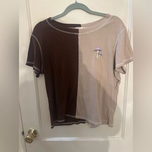 Brown and cream womens graphic baby tee, short sleeve, mushrooms, size 2X